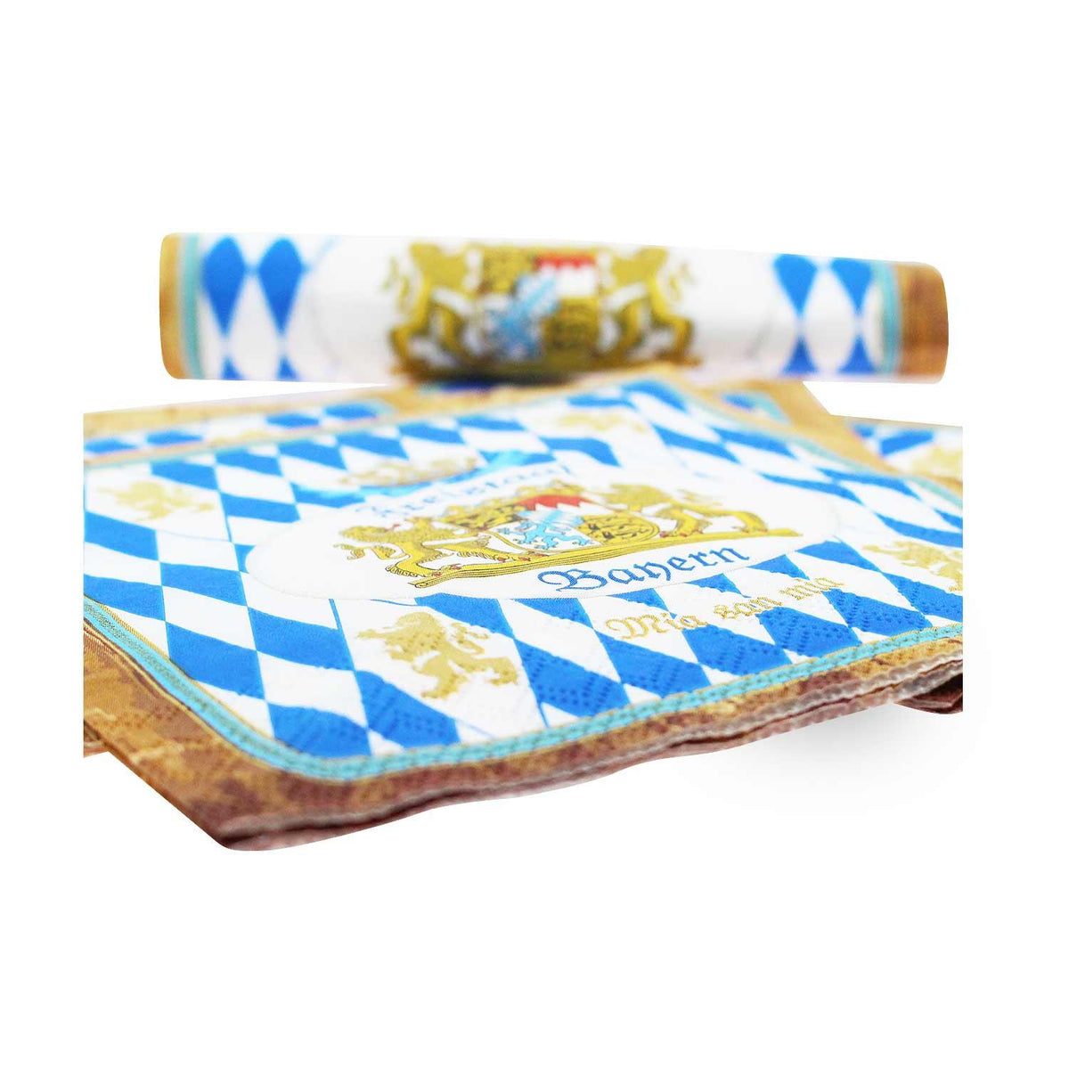 Weiße Papierserviette mit blauem Rautenmuster und blauem Schriftzug „Freistaat Bayern“, 20 Stück im Set.