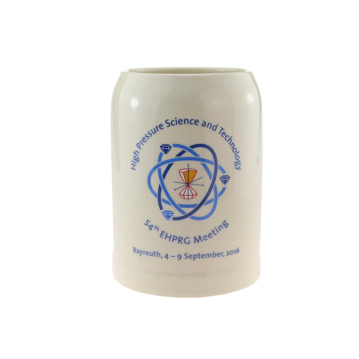 Heller Keramik-Bierkrug mit blauem Aufdruck des EHPGR Meeting 2016 Logos und Veranstaltungsdaten.