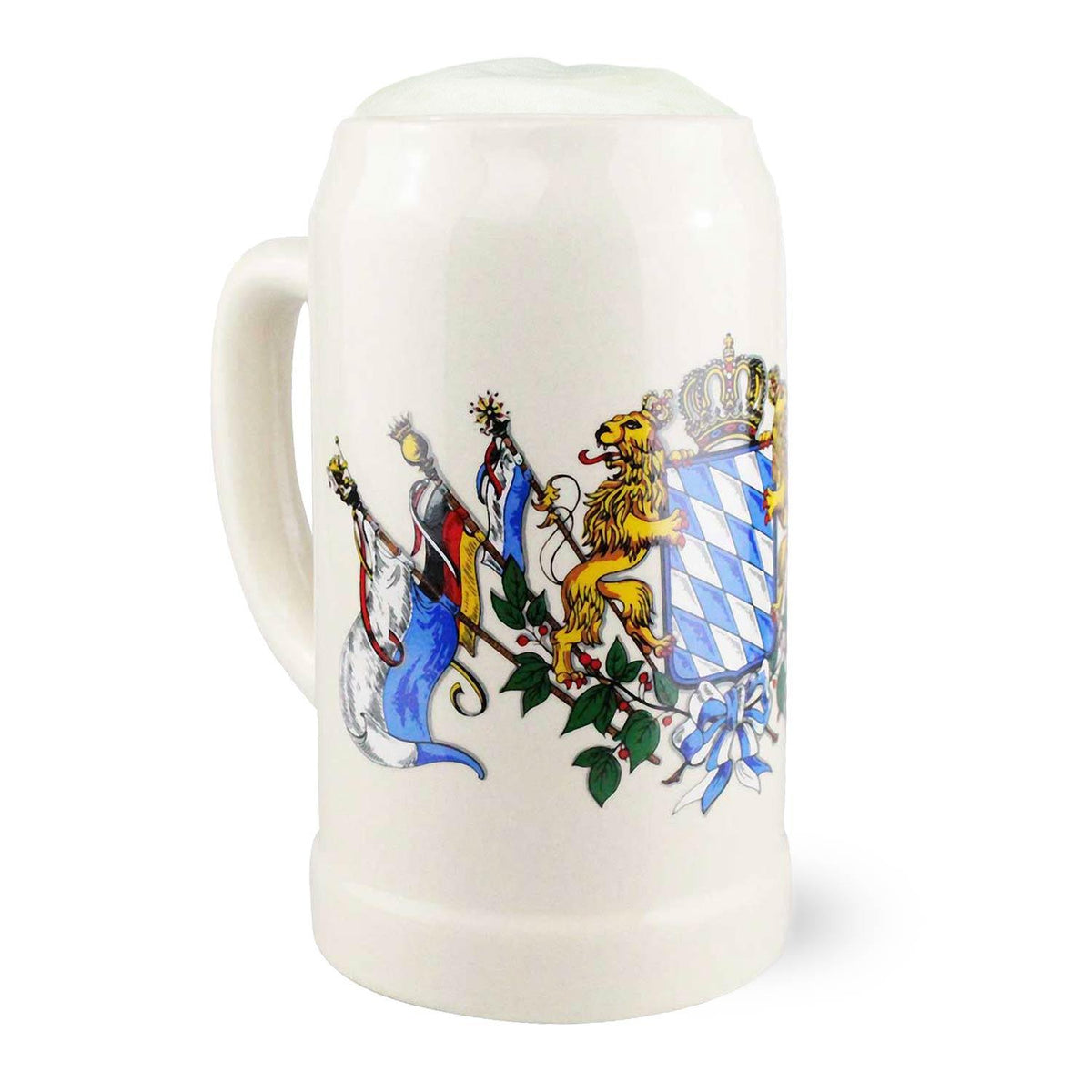 Detail Maßkrug Bayern: weiß-blaues Rautenwappen mit Krone, goldenen Löwen und Laubzweigen
