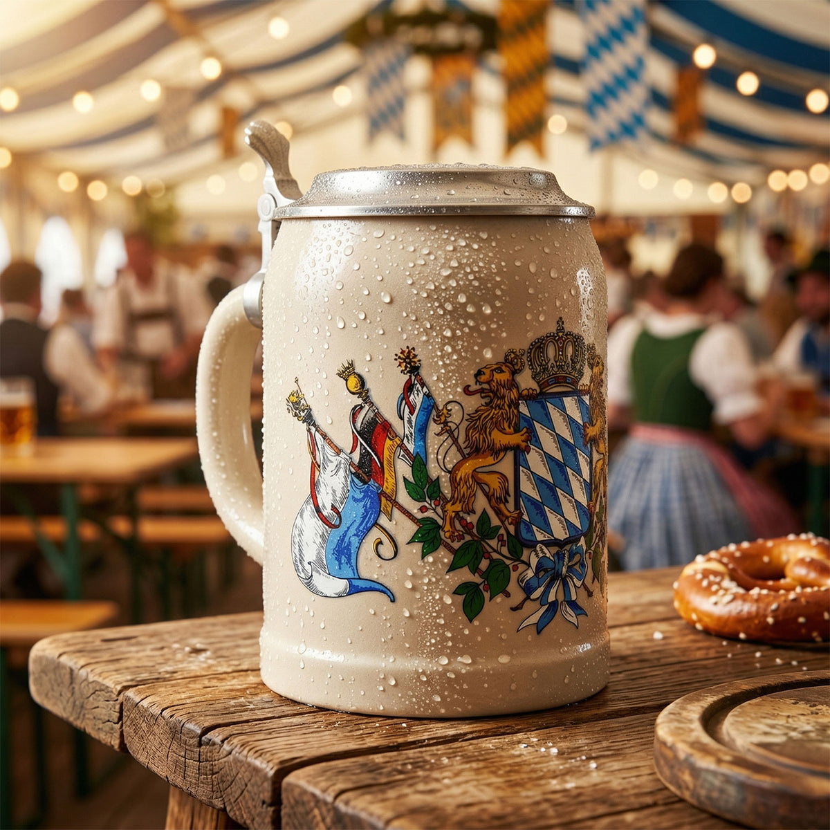 Steinkrug mit Deckel und Bayern-Wappen auf rustikalem Holztisch