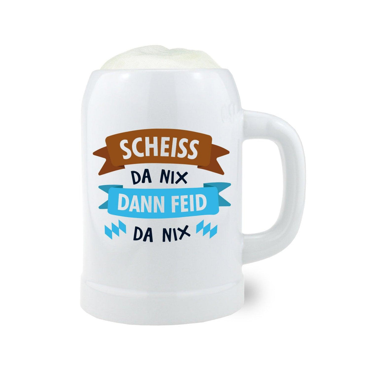 Weißer Bierkrug mit bauchiger Form, schwarzem Aufdruck „scheiß da nix“ und Henkel, aus Keramik, 0,5 Liter.