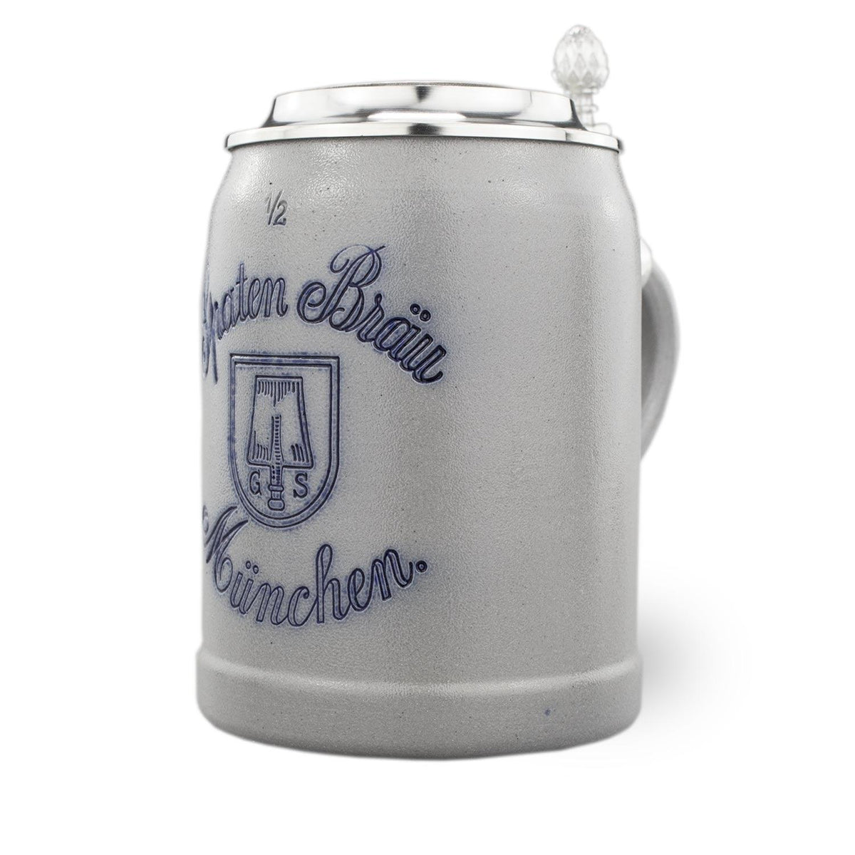 Grauer Steinkrug „Spaten-Bräu“ mit Zinndeckel und blauer Spatenbräu-München-Prägung