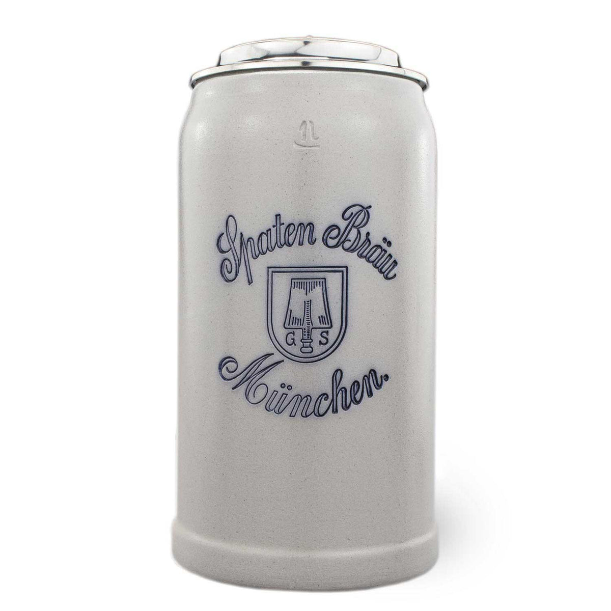 Grauer Tonkrug der Spaten-Brauerei München mit blauem Logo und poliertem Zinndeckel.