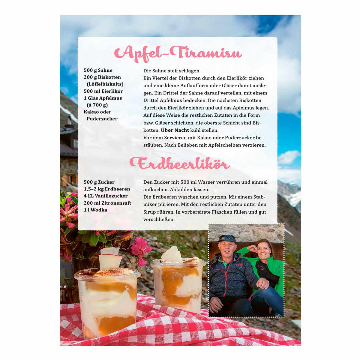 Rezeptbuch Süße Alpenküche mit Bild von Apfel-Tiramisu im Glas und Paar vor Bergpanorama.