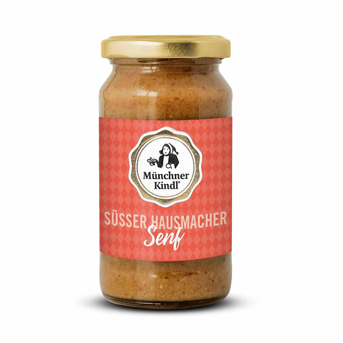 Süßer Hausmacher Senf im Glas mit rotem Label Münchener Kindl, Teil der Oktoberfest-Box Mahlzeit.