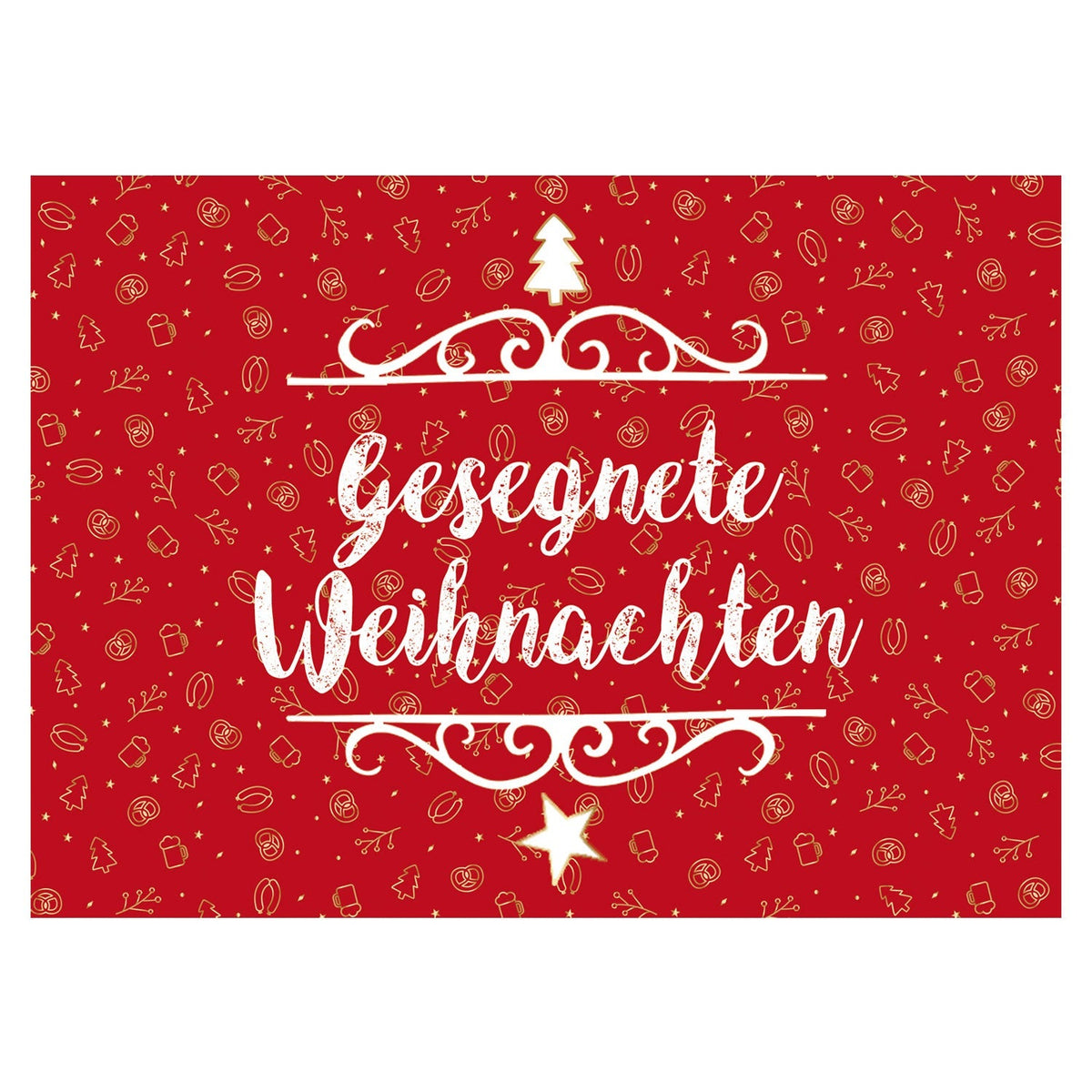 Weihnachts-Grußkarte "Gesegnete Weihnachten" mit weißer Schrift auf rotem Hintergrund und goldenen Motiven.
