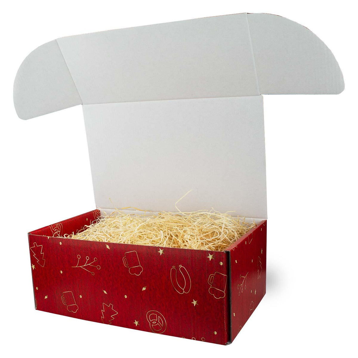 Offene Weihnachtsbox Christkindl in Rot mit gold-glänzenden bayerischen Motiv-Drucken und Füllmaterial.