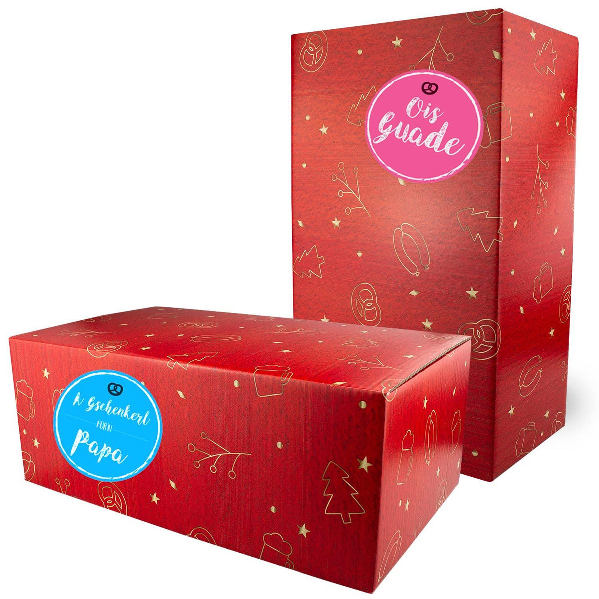 Rote Weihnachtsbox "Prost" mit goldenen Brezel-, Bierkrug- und Weihnachtsbaum-Motiven, ideal für Geschenke.