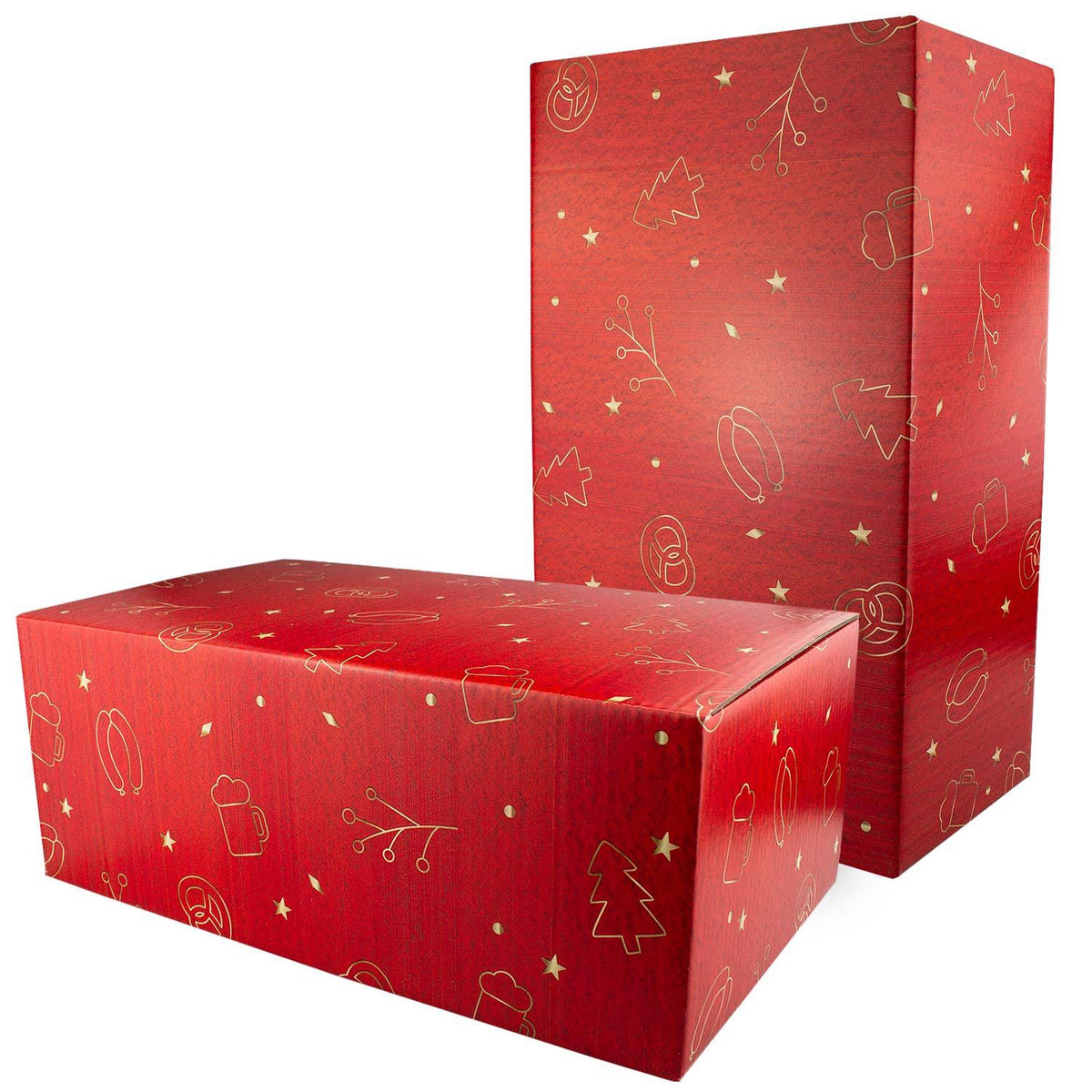 Zwei rote Weihnachtsbox Weihnachtsfeier gmiatlich mit goldener Weihnachtsbaum- und Brezelmuster-Dekoration.