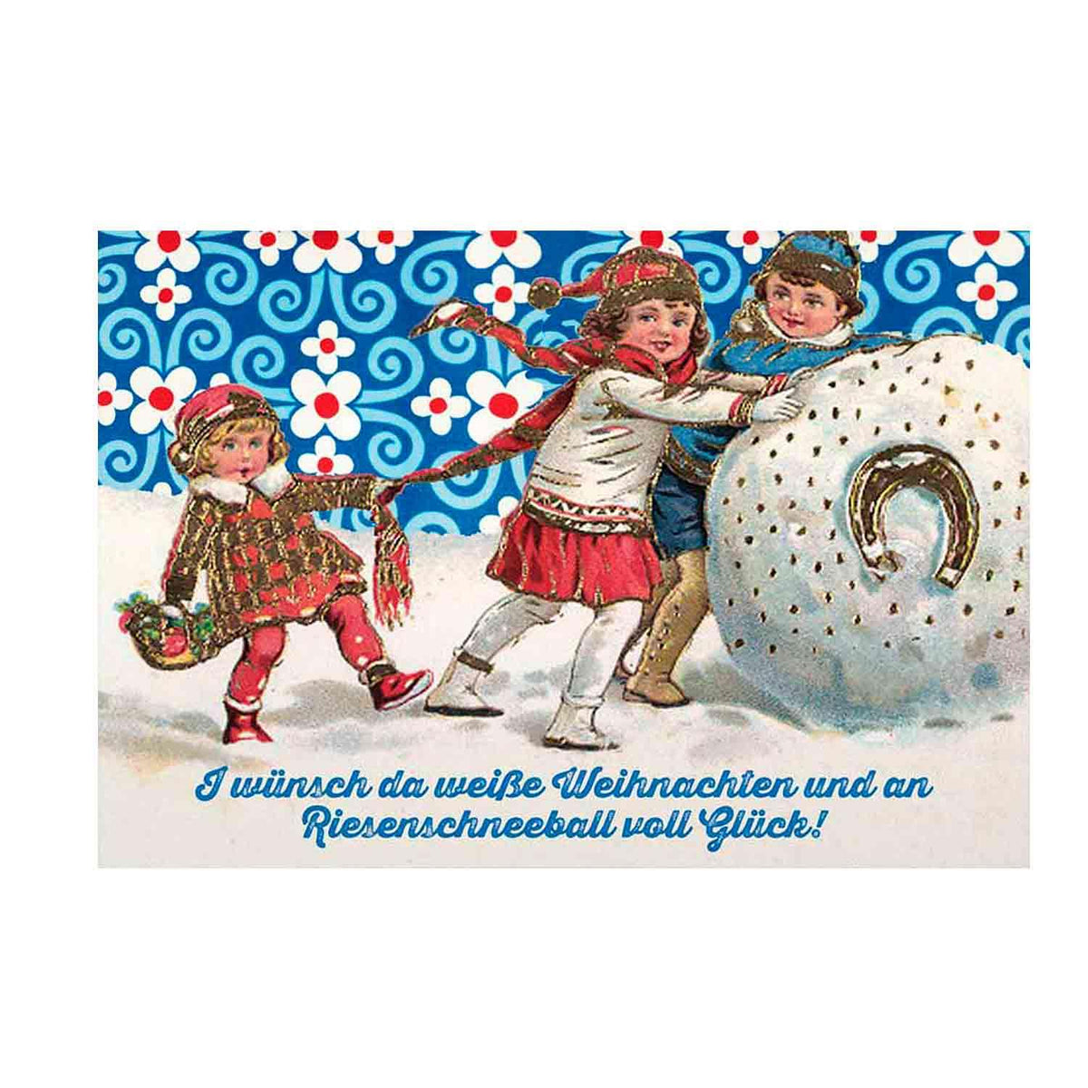 Weihnachtskarte Weiße Weihnacht mit spielenden Kindern, die einen großen Schneeball rollen, im Vintage-Stil.