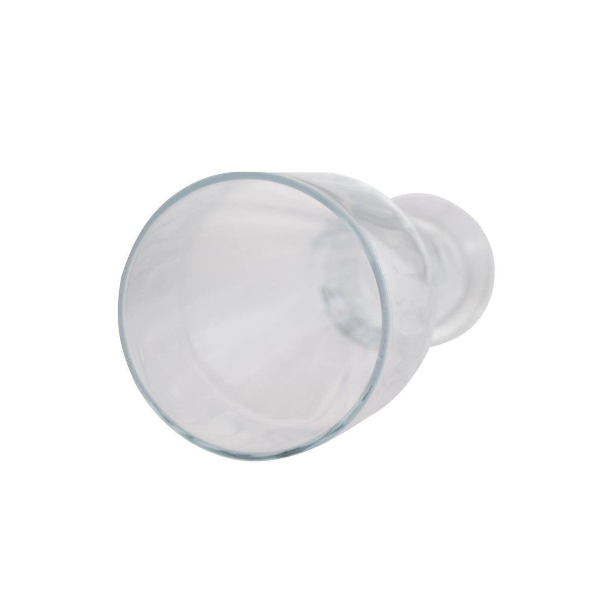 Klarer, leerer Glasbecher mit robustem Henkel und breiter Öffnung, ideal für Getränke.
