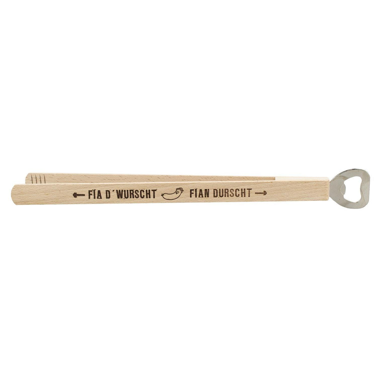 Holz-Grillzange mit "Fia d'Wurscht Fia'n Durscht" Aufschrift und integriertem Flaschenöffner, ideal für das Oktoberfest-Weißwurstfrühstück.