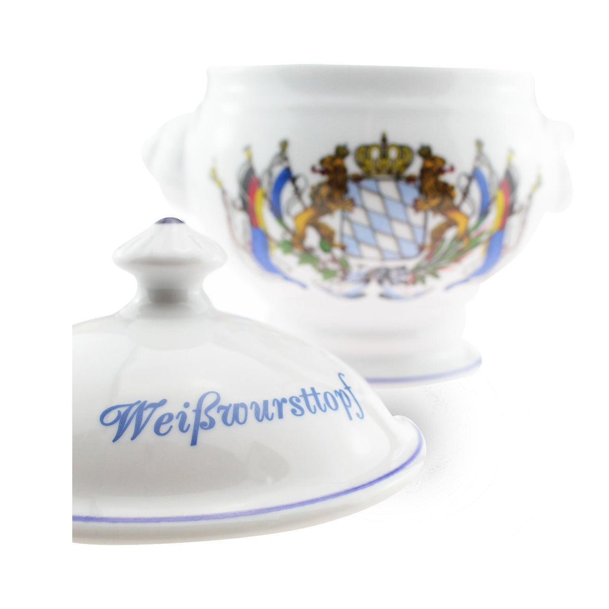 Weißwursttopf aus Keramik mit Deckel, Bayernwappen beidseitig, weiße Glasur, Griffe im Löwenkopf-Design.