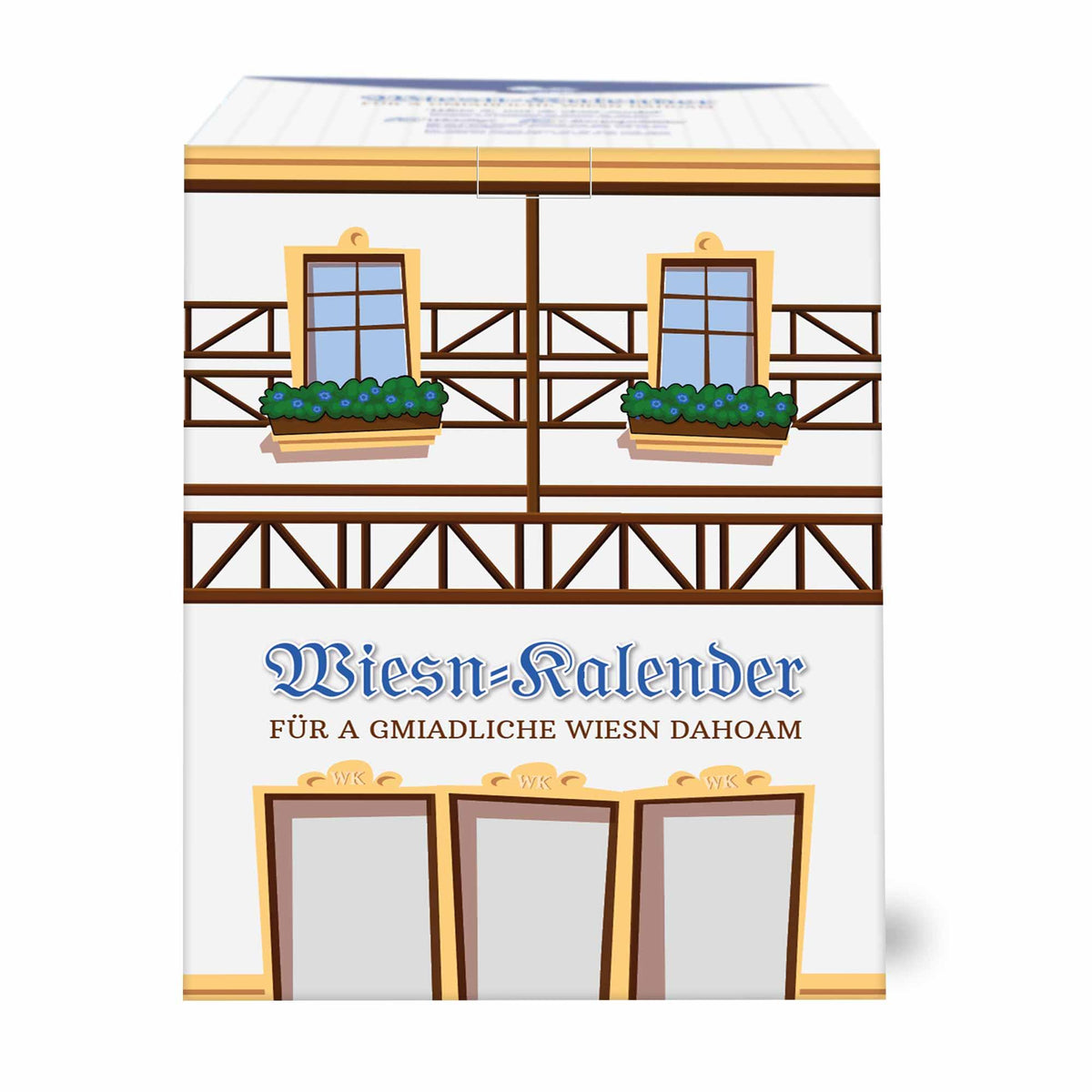 Wiesn Bier-Kalender im Illustrationsstil eines bayerischen Hauses mit Geranien und Schriftzug.