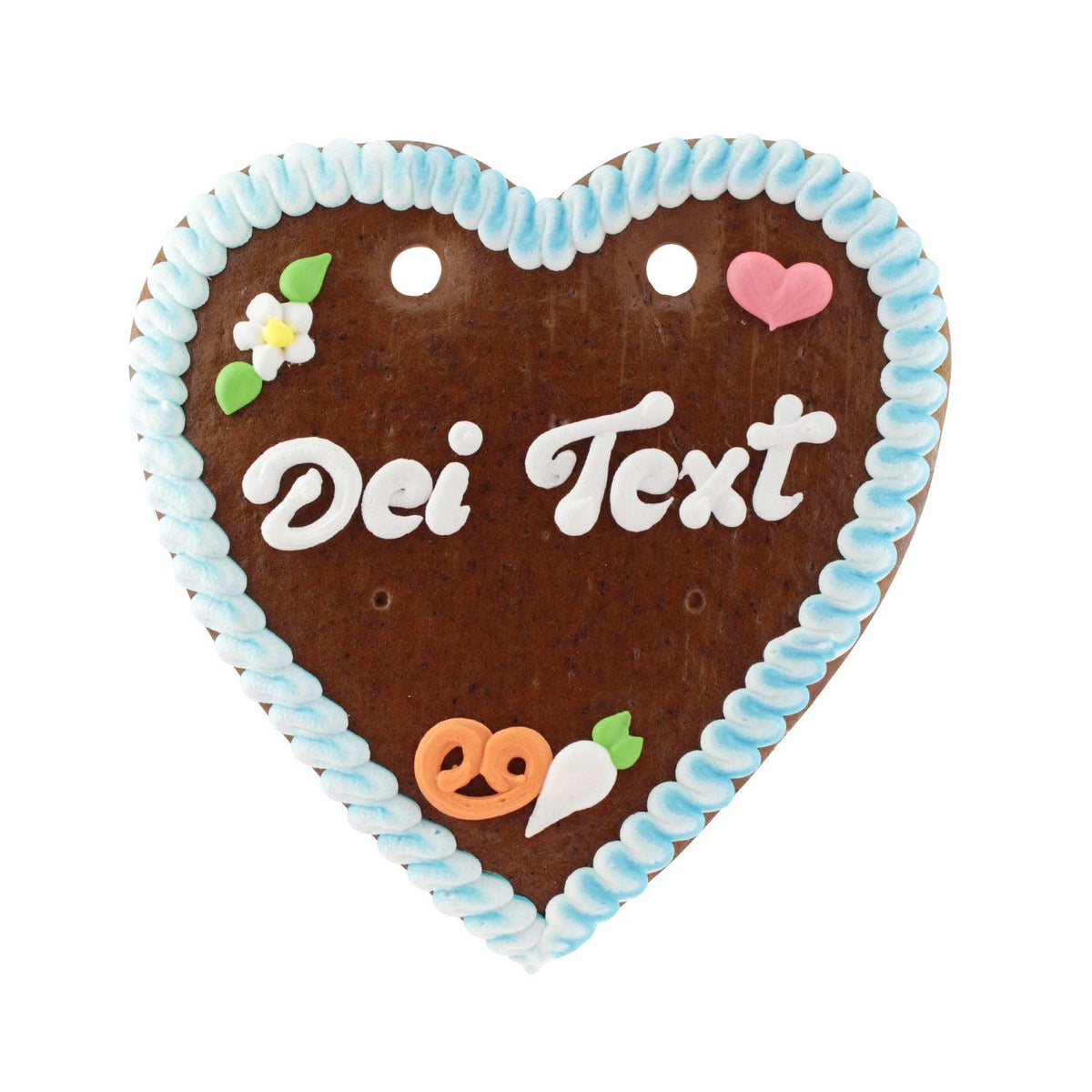 Braunes Lebkuchenherz mit hellblauer Zuckergussumrandung und weißer Schrift Dei Text, verziert mit Brezel und Blume.