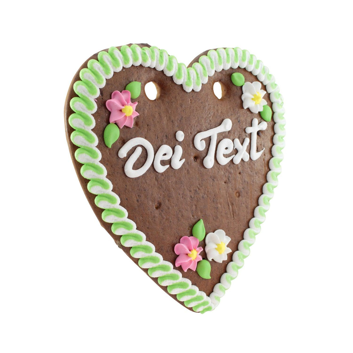 Herzförmiges Lebkuchenherz mit grün-weißem Zuckergussrand, floraler Verzierung und individuell anpassbarem Text.