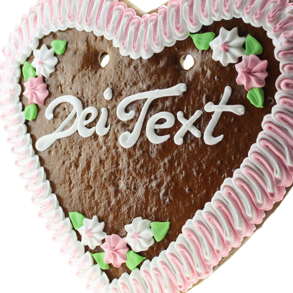 Braunes Lebkuchenherz mit weißer Zuckergussumrandung und der Aufschrift "Dei Text".