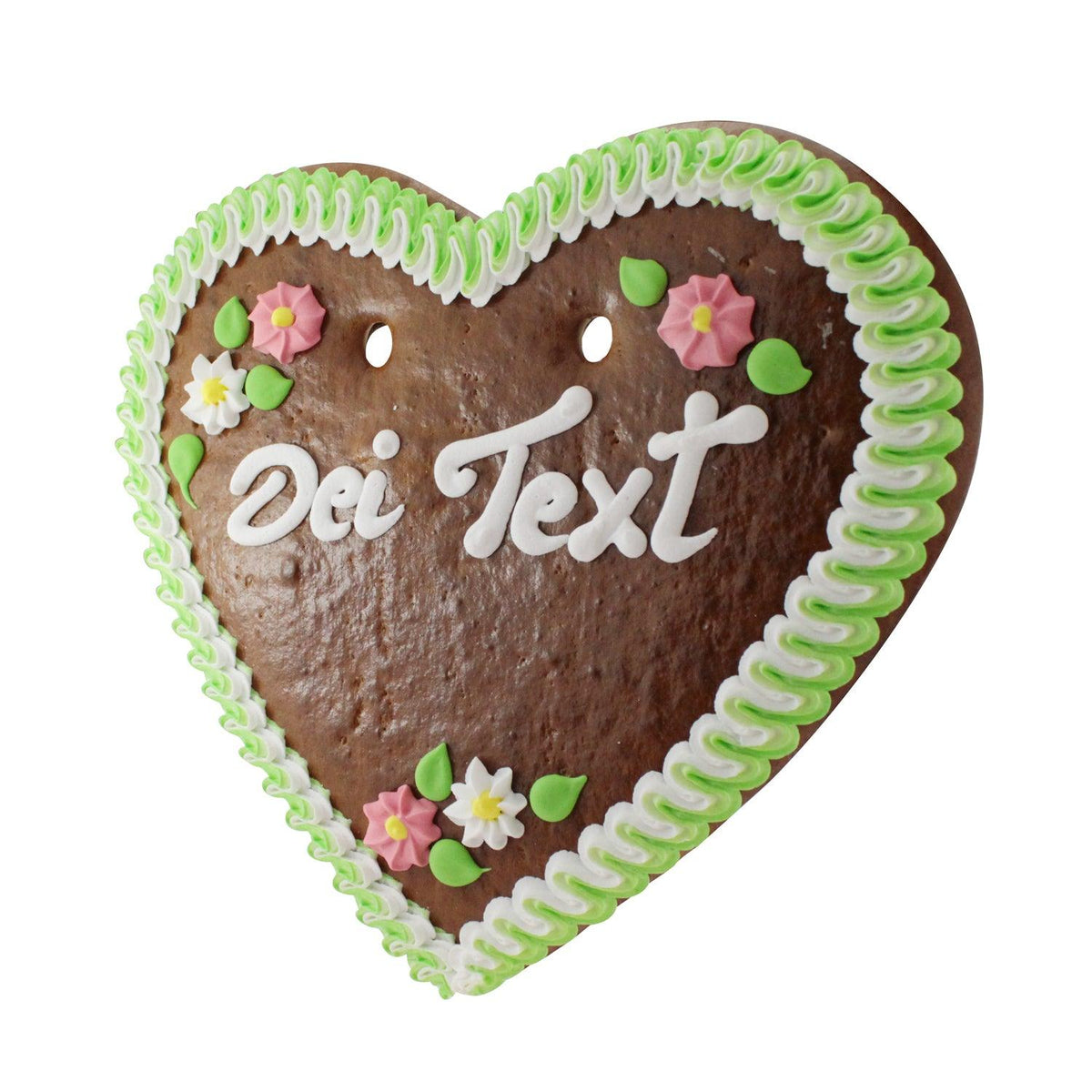 Lebkuchenherz mit weißer und grüner Zuckerguss-Verzierung, Zuckerblumen und Schriftzug "Dei Text".