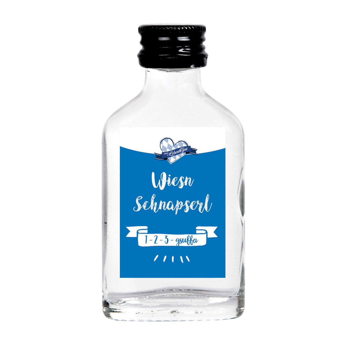 Klare Schnapsflasche "Wiesn Schnapserl" mit blauem Etikett und weißer Schrift, Teil der Oktoberfest-Box "An Guadn".
