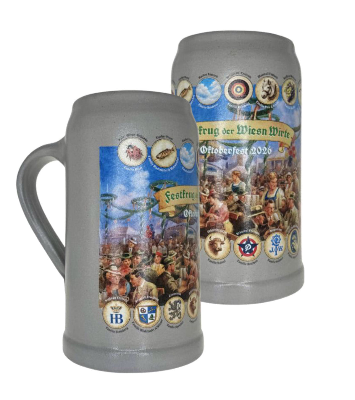 Wiesn Wirtekrug 2026 ohne Deckel aus grauem Steinzeug, Vorder- und Rückansicht mit Festzelt-Szene und Emblemen der Wiesn-Festzelte