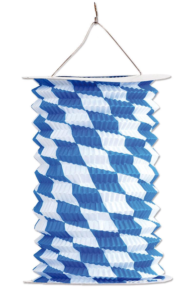 Blau-weiß karierte Papierlaterne mit Rautenmuster, fertig zum Aufhängen, ideal für bayerische Feste