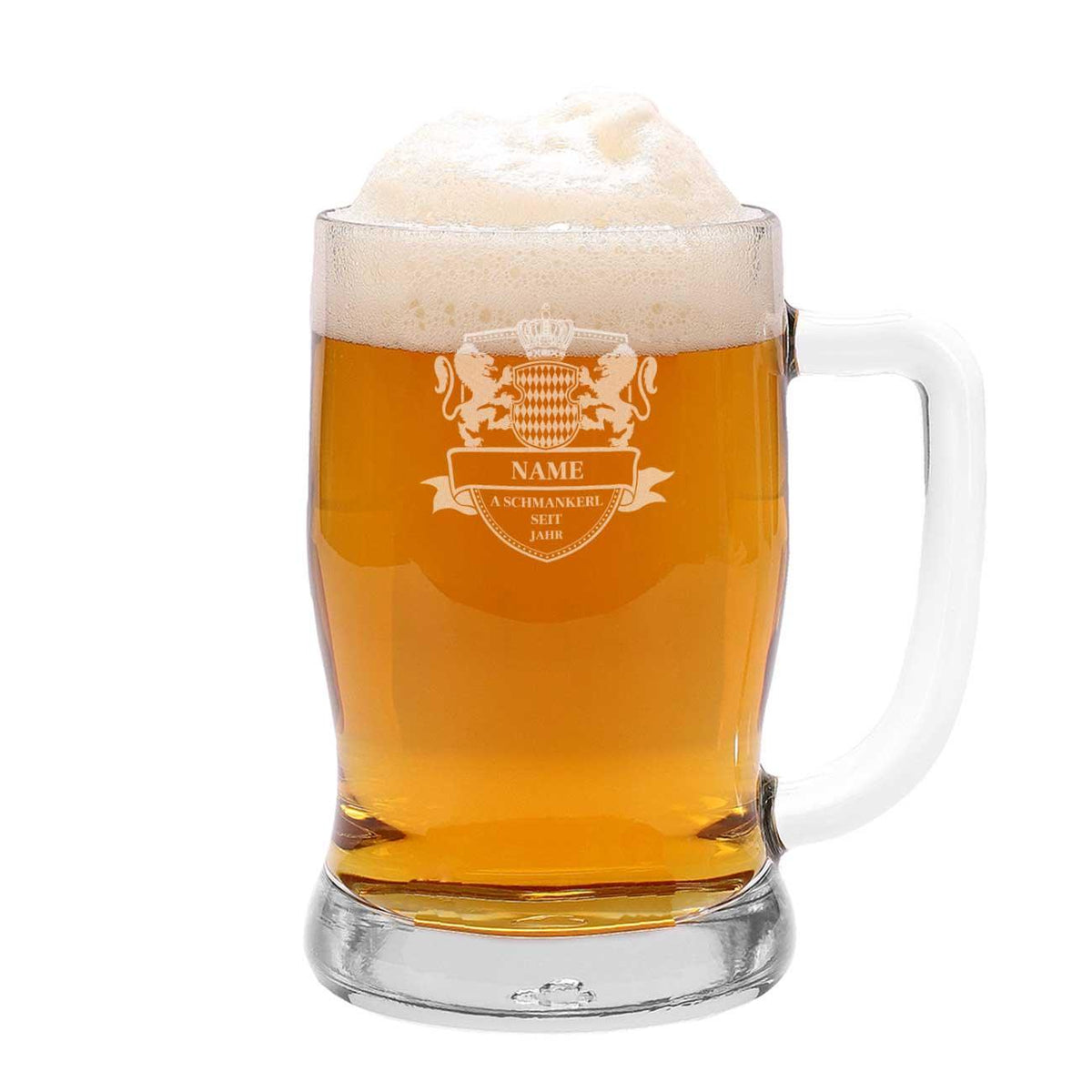 Klassischer Bierkrug aus Glas, gefüllt mit goldgelbem Bier und Schaumkrone, personalisiert mit Wappen.