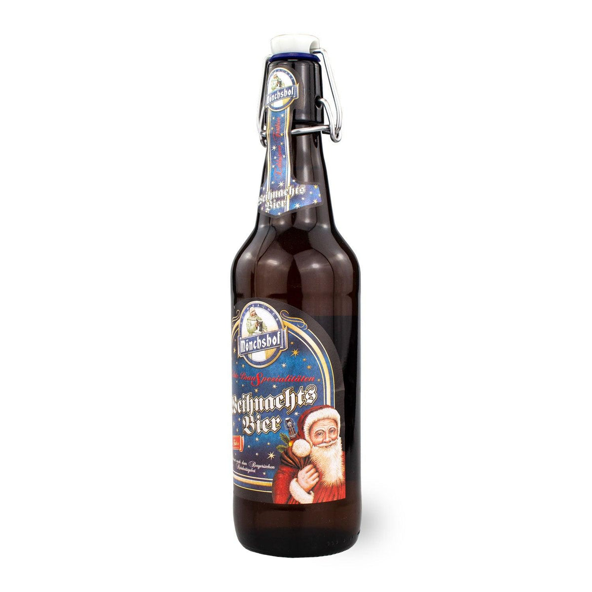 Dunkle Weihnachtsbierflasche mit blauem Etikett, goldfarbenen Sternen, und bärtigem Weihnachtsmann mit Sack.