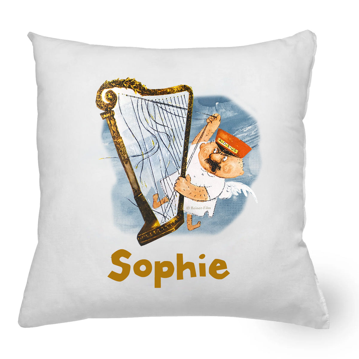 Weißes Engel Aloisius Kissen personalisiert mit Harfe und Name Sophie, weiche Baumwolle.