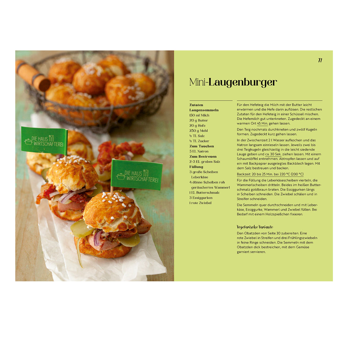 Kochbuch Alpentapas: Rezeptseite mit Mini-Laugenburgern, gefüllt mit Leberkäse, Zwiebeln und Essiggurken.