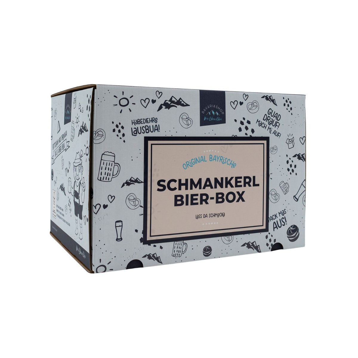 Original Bayerische "Schmankerl" Bier-Box mit bayerischen Motiven wie Brezn und Bierkrug als Geschenkidee.