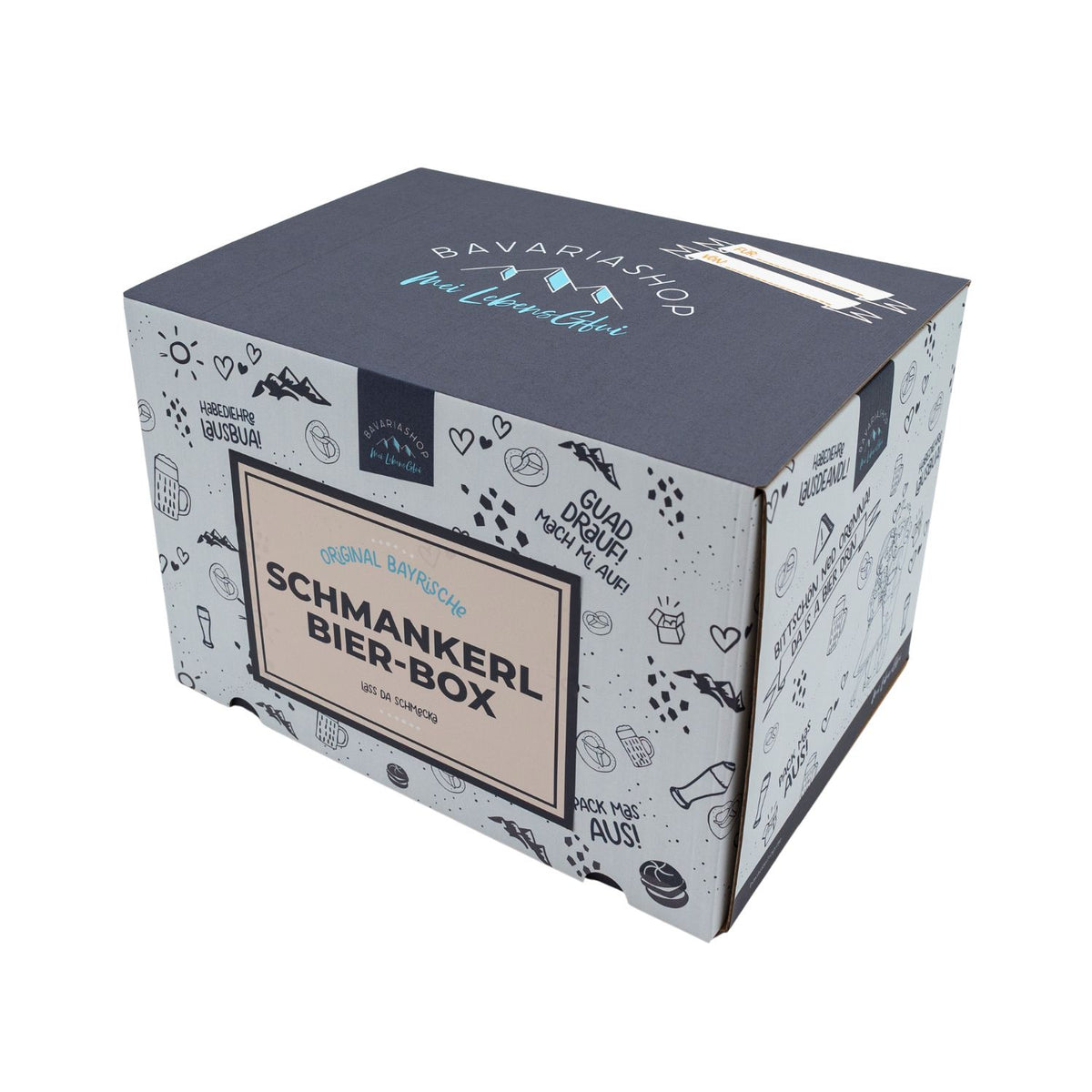 Geschlossene Bier-Box Schmankerl mit bayerischen Motiven und Aufschrift Original Bayrische Schmankerl Bier-Box.