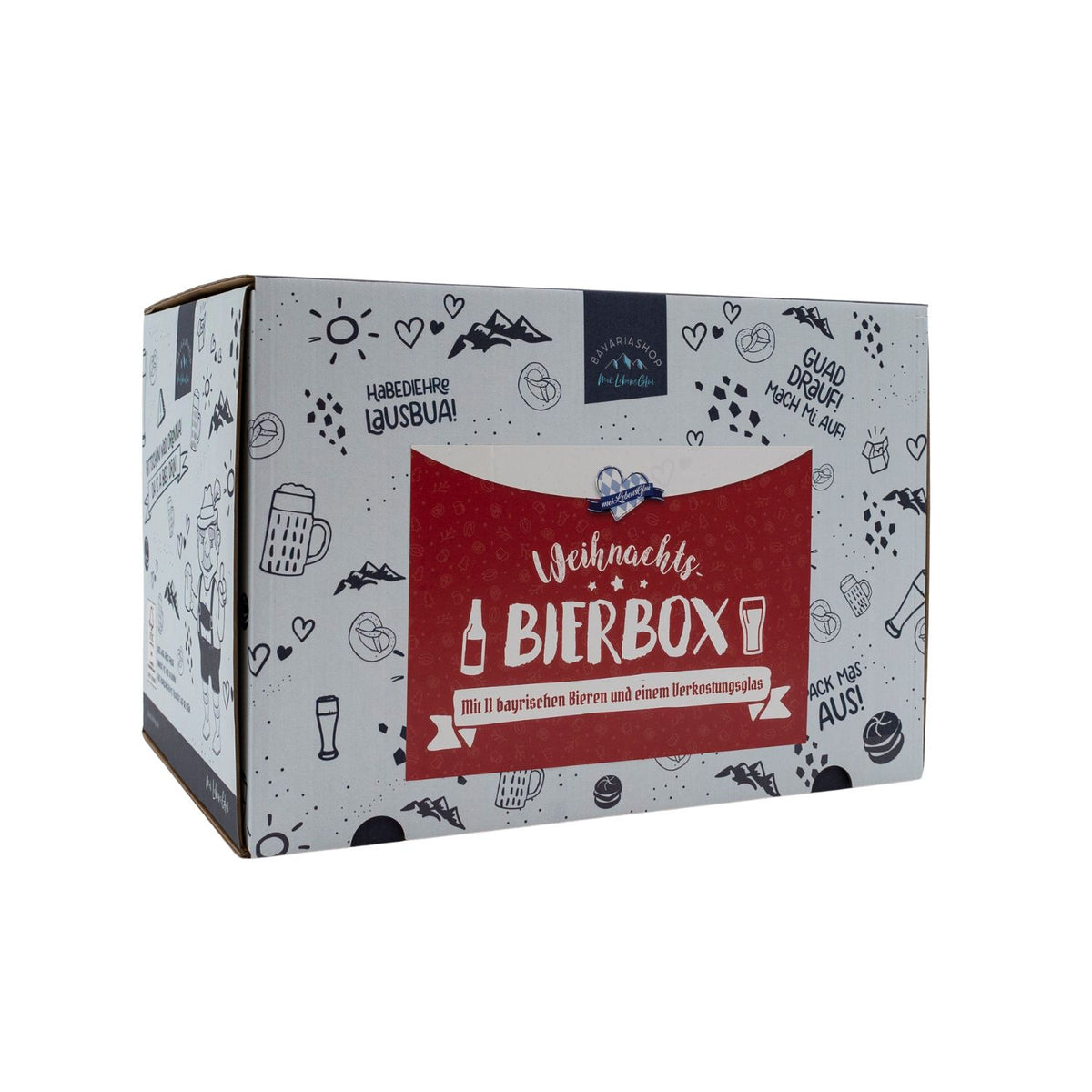 Bayerische Weihnachts Bier-Box mit festlichem Design und Schriftzügen, ideal als Geschenk für Bierliebhaber.