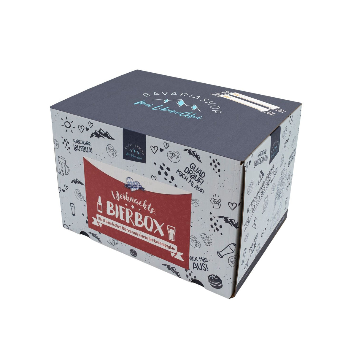 Weiße Bayerische Weihnachts Bier-Box mit dunkelblauem Deckel und bayerischen Schriftzügen und Symbolen.