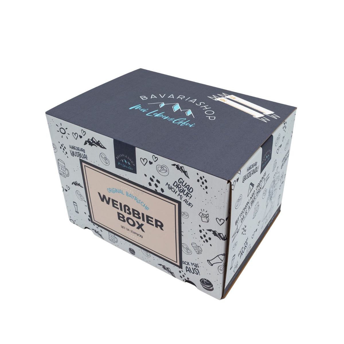 Bayerische Bier-Geschenk-Box Weißbier mit originellem Design und bayerischen Sprüchen, liebevoll gestaltet.