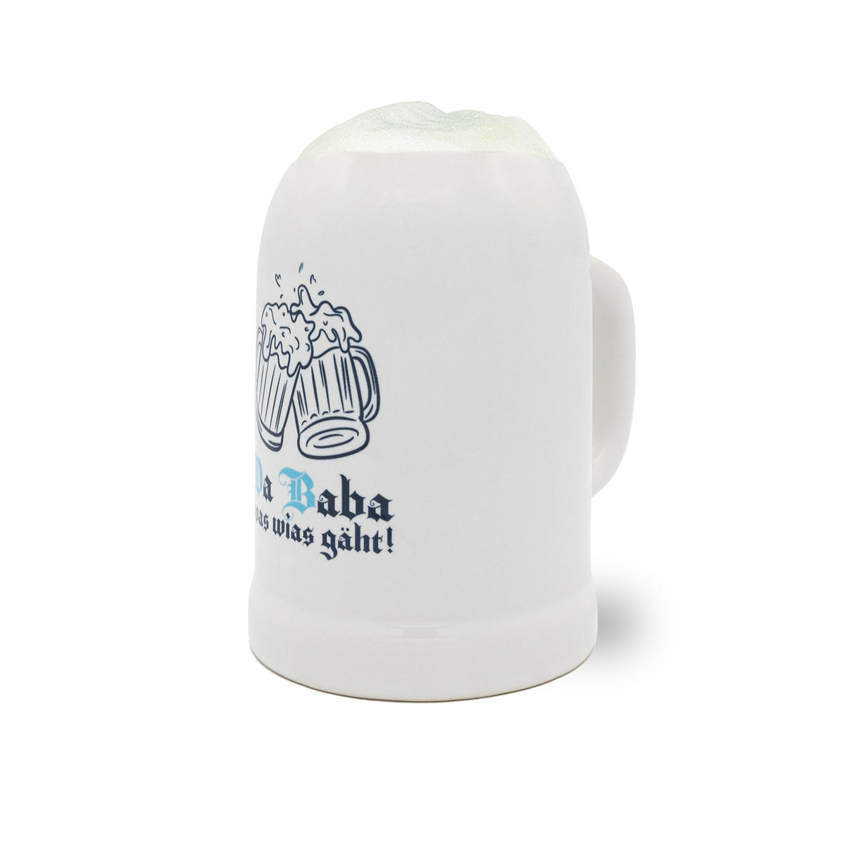 Weißer Keramik Bierkrug Da Baba woas wias gäht mit bayerischem Cartoon-Design volle Biergläser und Schaum