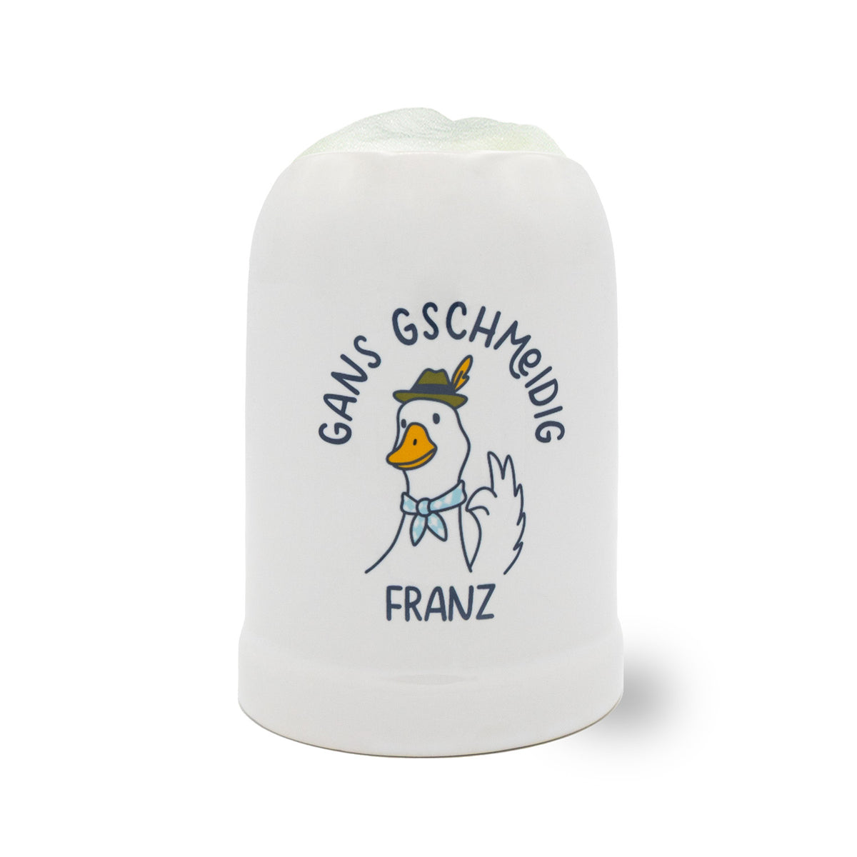 Weißer personalisierbarer Bierkrug "Gans Gschmeidig" mit Cartoon-Gans und blauem Text "FRANZ".