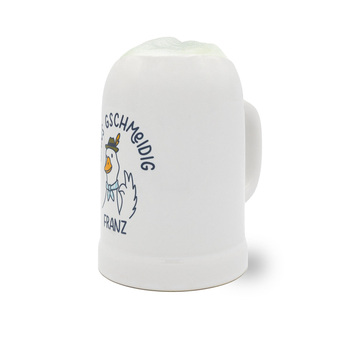 Personalisierbarer Bierkrug "Gans Gschmeidig" weiß mit Henkel, detailreichem Gänsemotiv und individuellem Namen.
