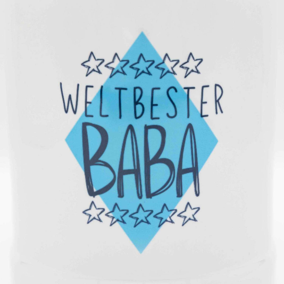 Weißer Bierkrug Weltbester Baba mit blauer Raute und Sternenmuster für Väter.