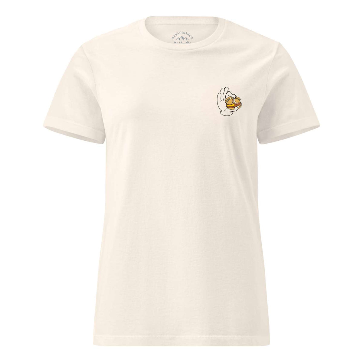 Beiges Damen Rezept T-Shirt Lewakaas mit kleinem aufgedrucktem Leberkäse-Symbol und Cartoon-Hand.