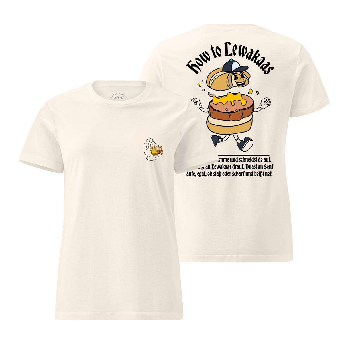 Damen Rezept T-Shirt Lewakaas, cremefarben, mit Cartoon-Leberkäse-Motiv und Rezeptaufschrift.
