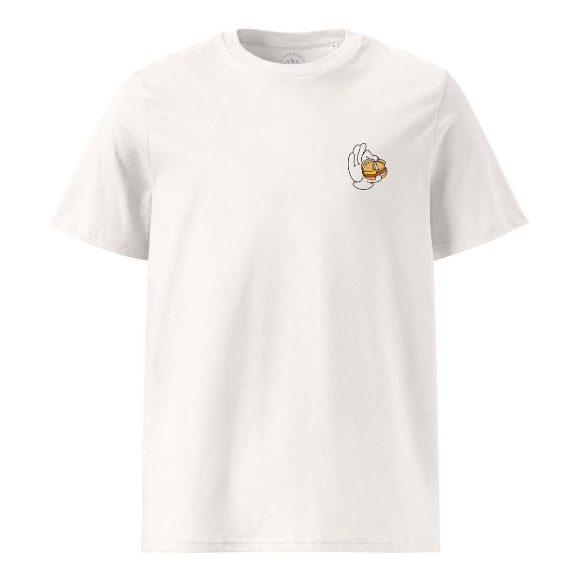 Weißes Herren Rezept T-Shirt Lewakaas mit kleinem, gelbem Leberkäse-Brötchen Motiv auf der Brust.