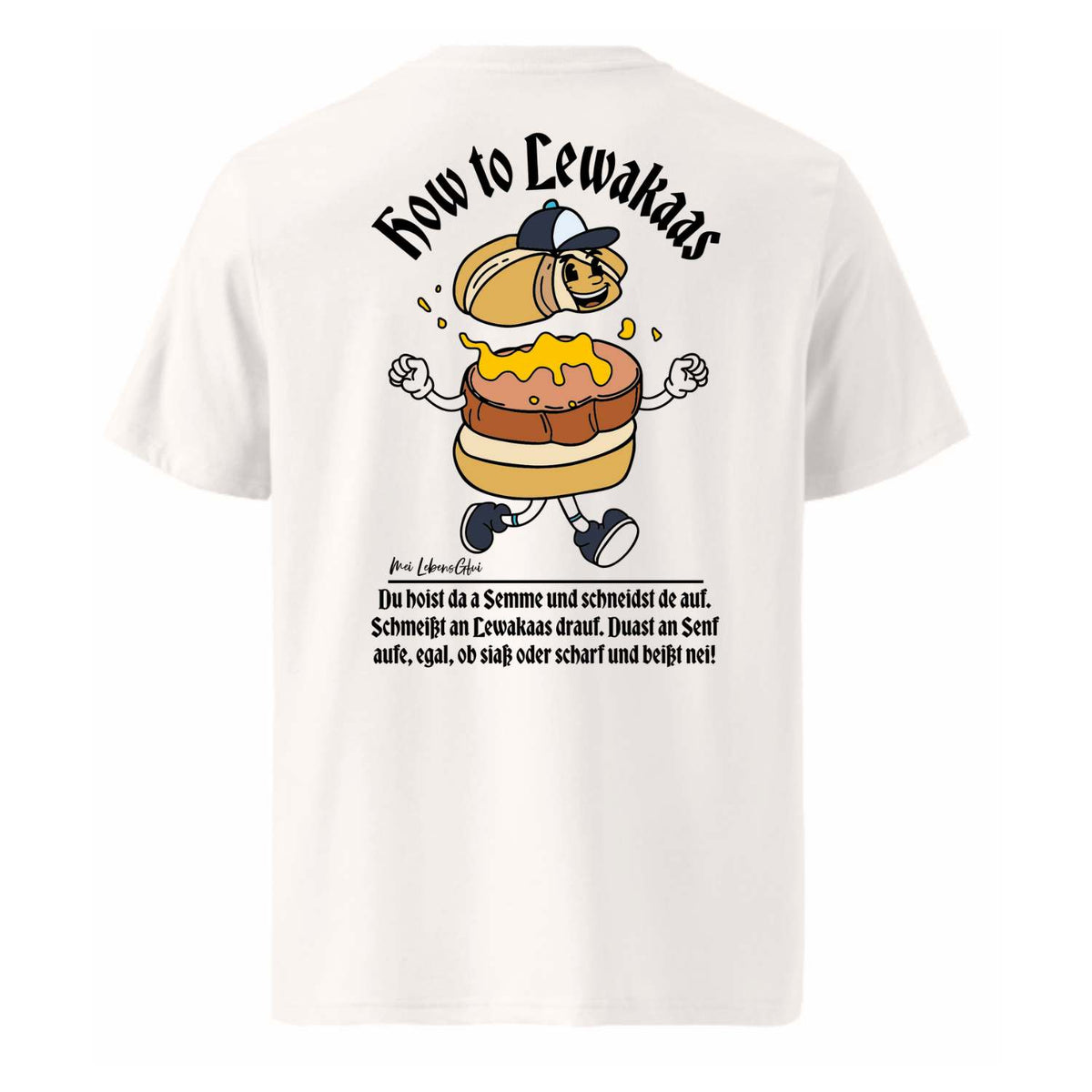 Herren Rezept T-Shirt "Lewakaas" weiß, mit humorvollem "How to Lewakaas"-Motiv und bayerischer Anleitung.
