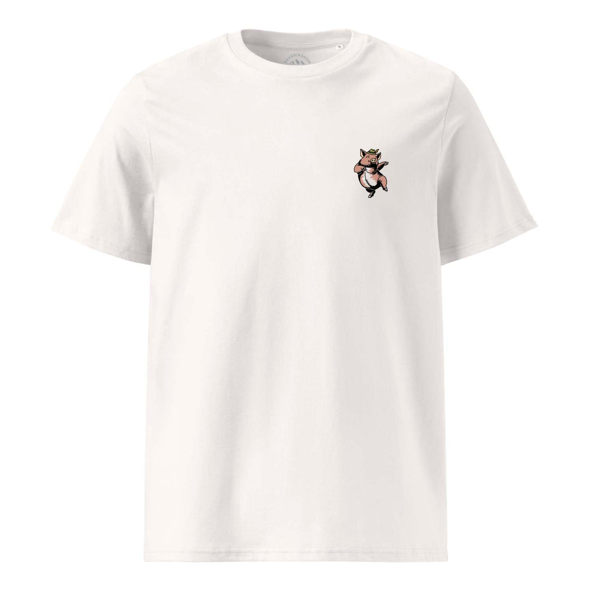 Weißes Herren Rezept T-Shirt "Schweinsbraten" mit lustigem Schweinchen-Motiv und Hut auf der Brust.