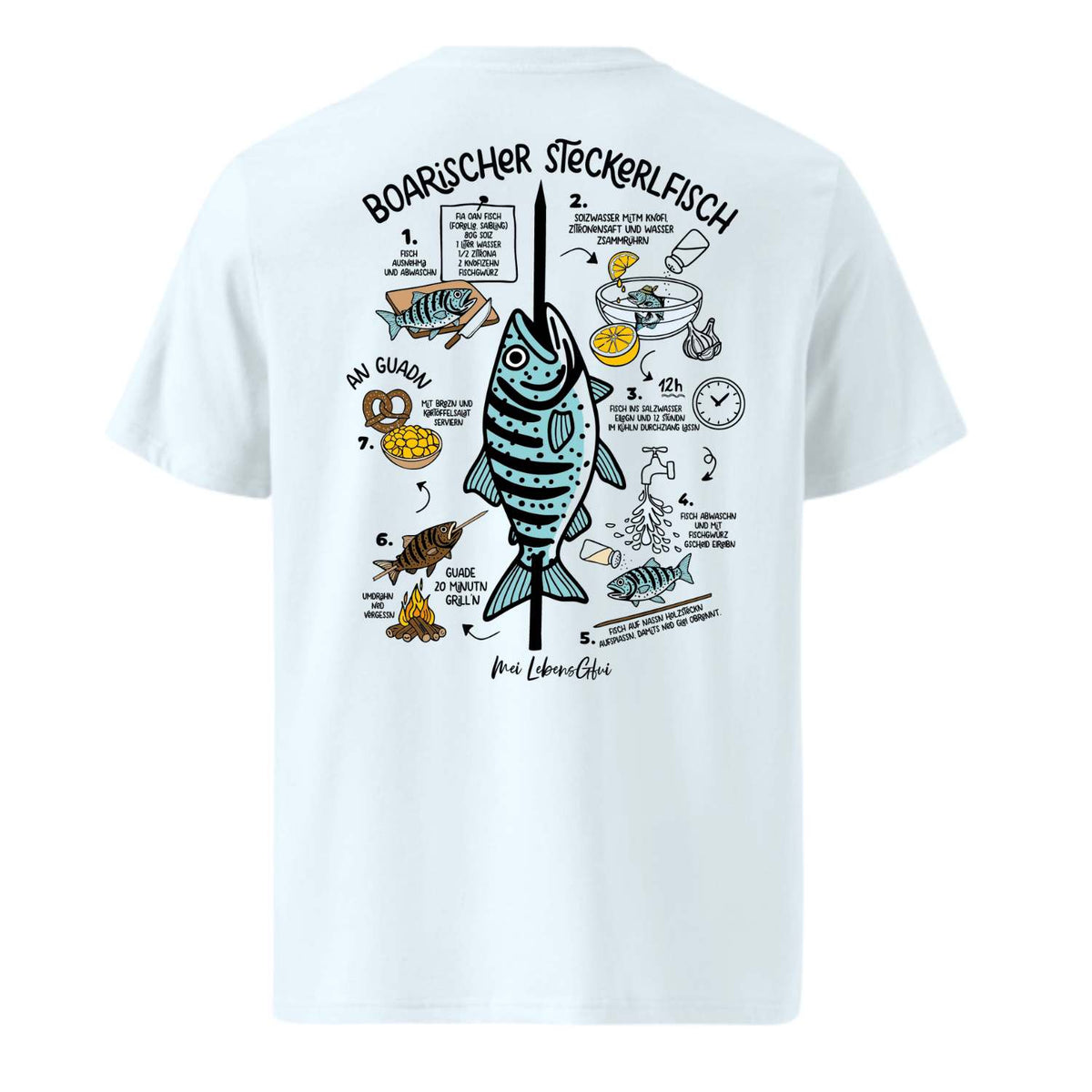 Herren T-Shirt Boarischer Steckerlfisch mit weißem Stoff und detaillierter, blauer Kochanleitung auf dem Rücken.