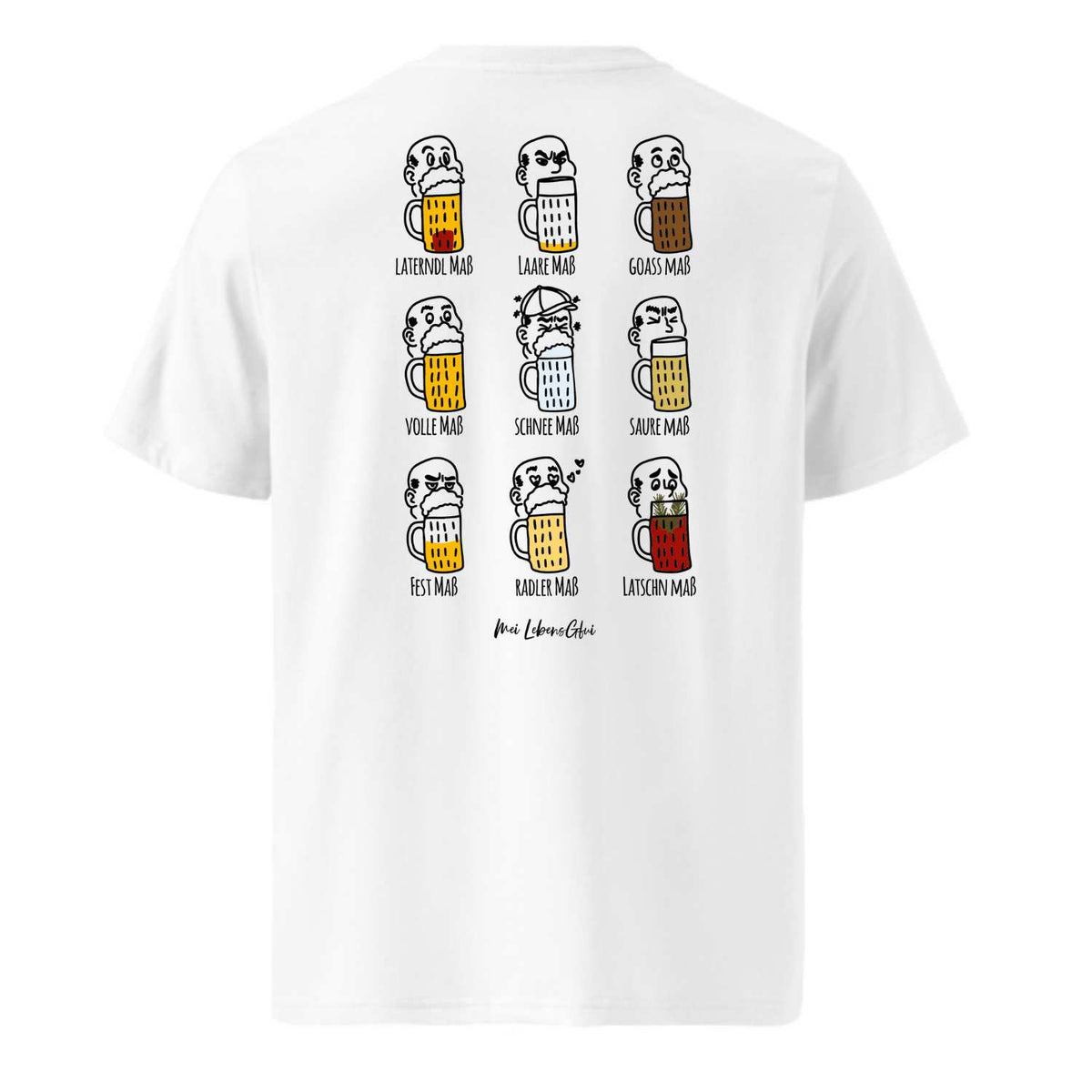 Herren Bier T-Shirt "Pack Maß" mit neun einzigartigen, lustigen Illustrationen von Bierkrügen und ihren Namen, humorvoll dargestellt.