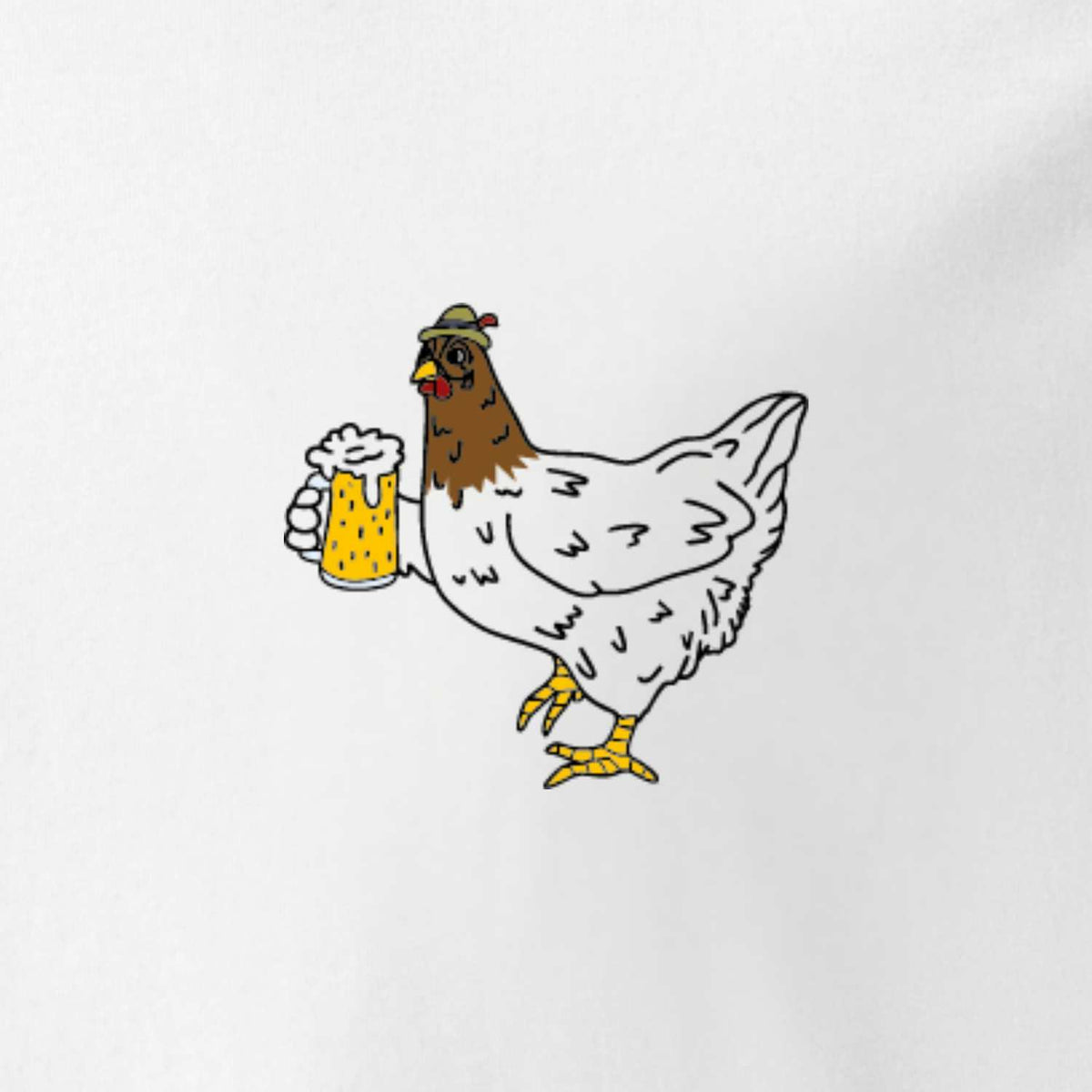 Witziges Damen Rezept T-Shirt mit Bierhendl-Motiv: Huhn mit Trachtenhut und Bierkrug in der Kralle.