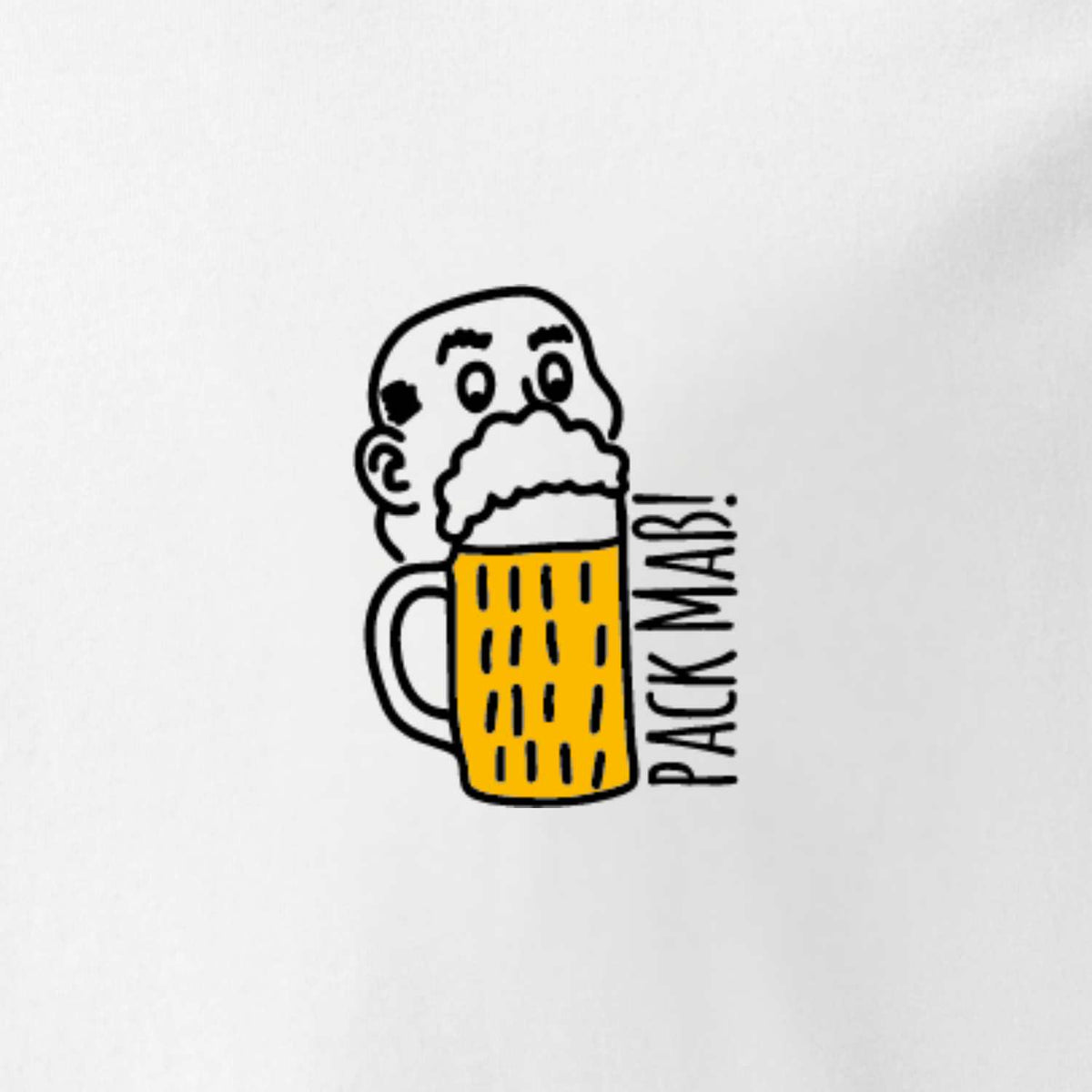 Damen Rezept T-Shirt "Pack Maß" mit Comic-Kopf in einem gelben Bierkrug mit Schaum und Text.