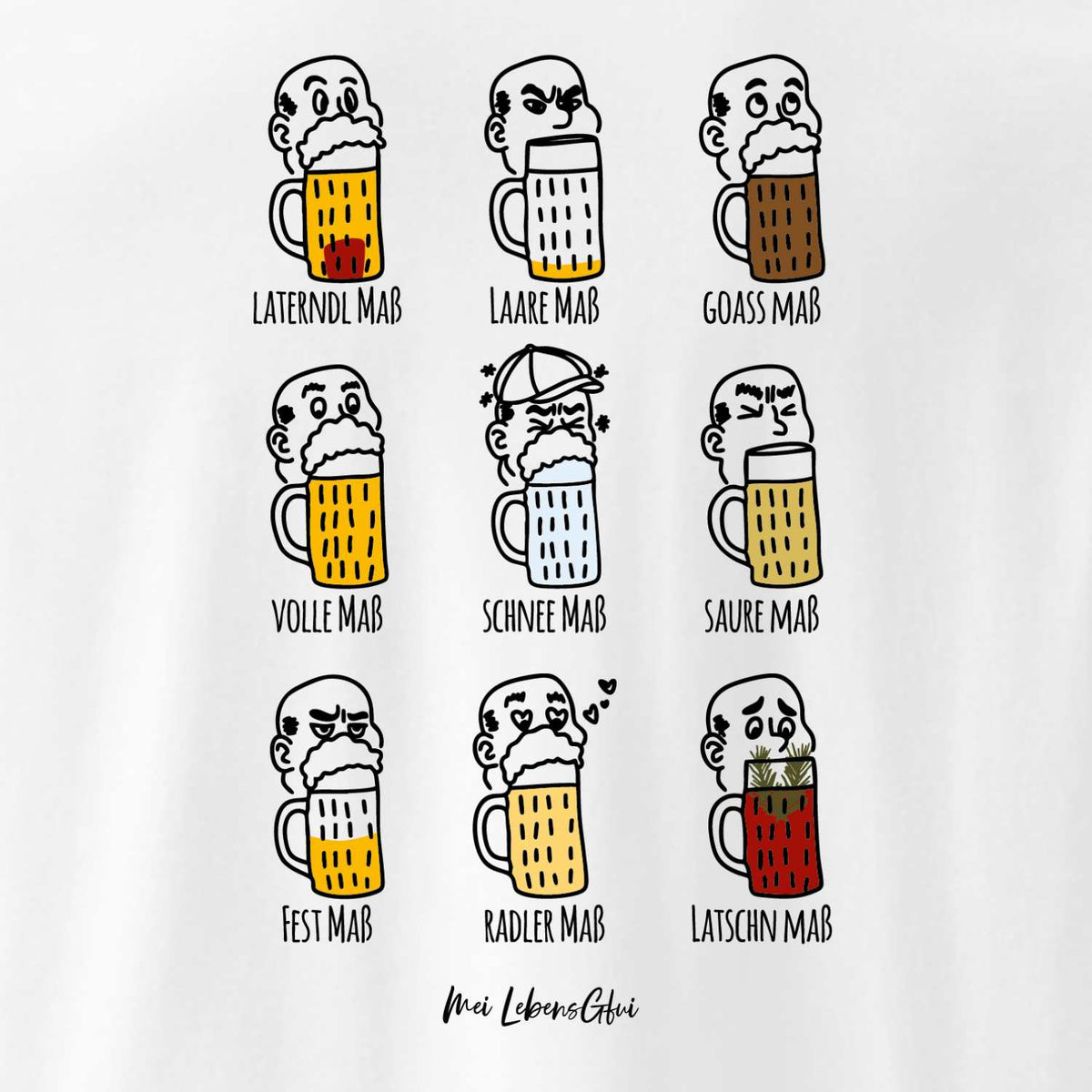 Herren Bier T-Shirt "Pack Maß" mit neun lustigen Illustrationen von Bierkrügen und ihren Bedeutungen.