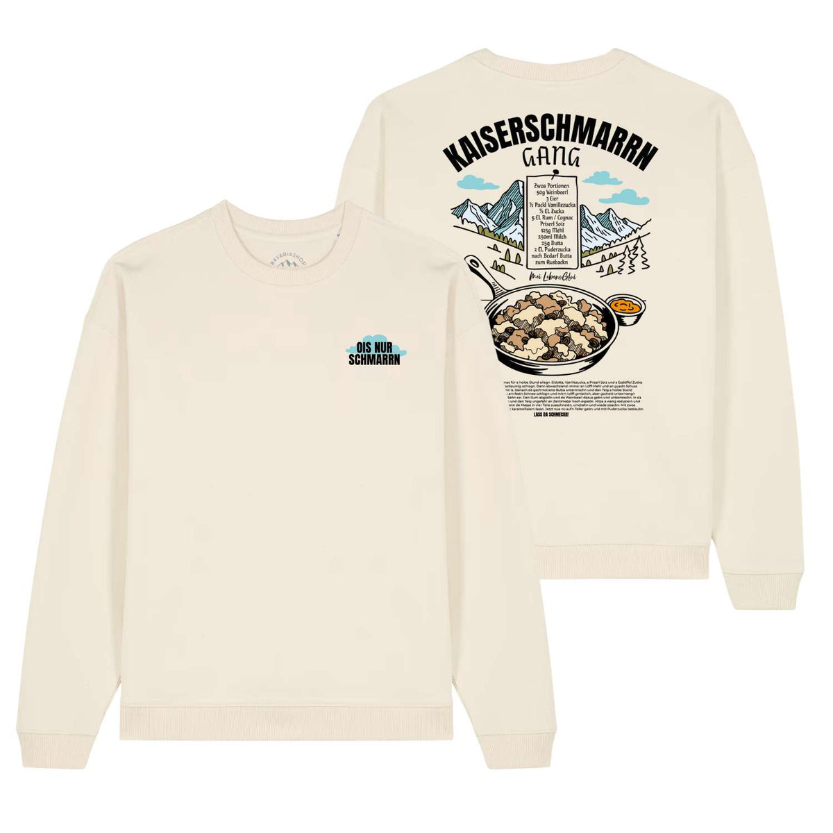 Herren Rezept Pullover "Kaiserschmarrn Gang" in Naturweiß mit Schmarren-Rezept-Aufdruck und Bergmotiv.