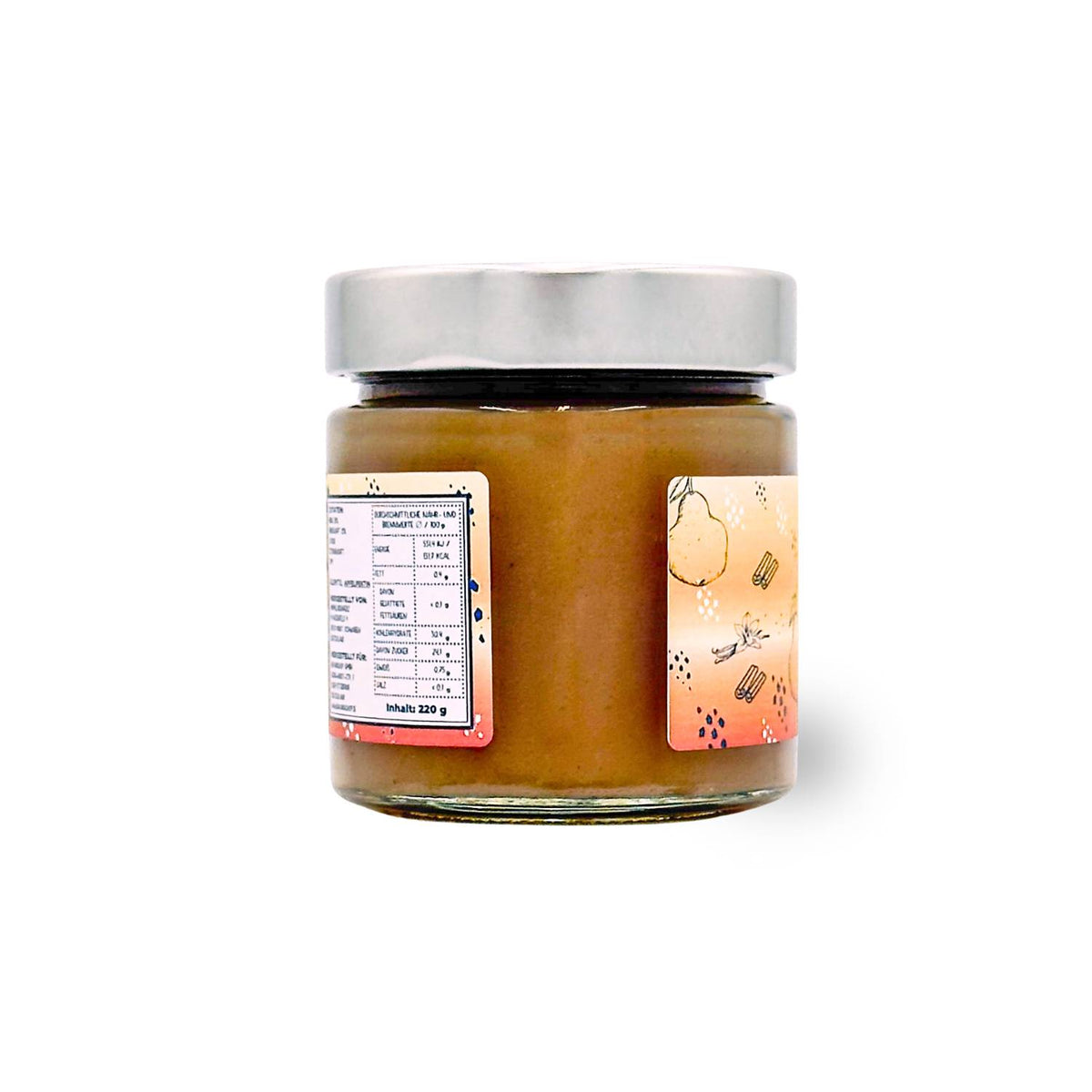 Glas mit Fruchtaufstrich Winter-Birne, Etikett mit Birnen- und Zimtdesign, 220g Inhalt.